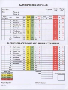 Carrickfergus golf club scorecard with par and yardage