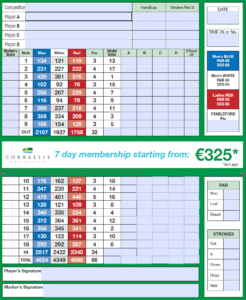 Corballis golf club scorecard with par and yardage